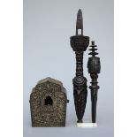 Lot: Tibetan Gau, wooden and a metal phurbu (L37 L26cm)
