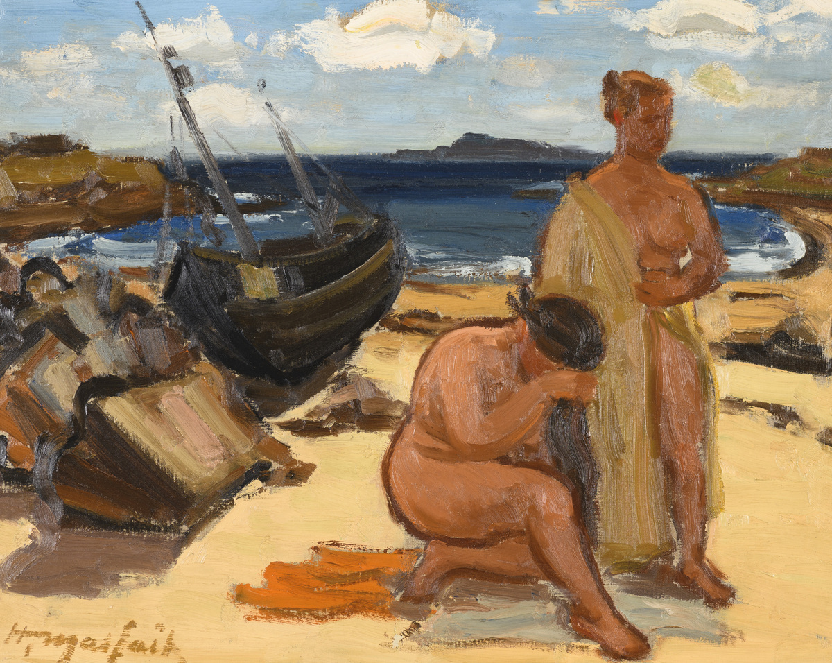 Hubert Malfait: painting (h/t) 'Bathing ladies in Port Navalo' (65x80cm)