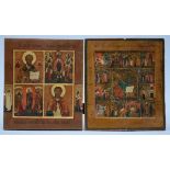 2 Russian Icons: 'Saint Nicholas' (36x32cm) and '4 saints' (35x31cm) (*)