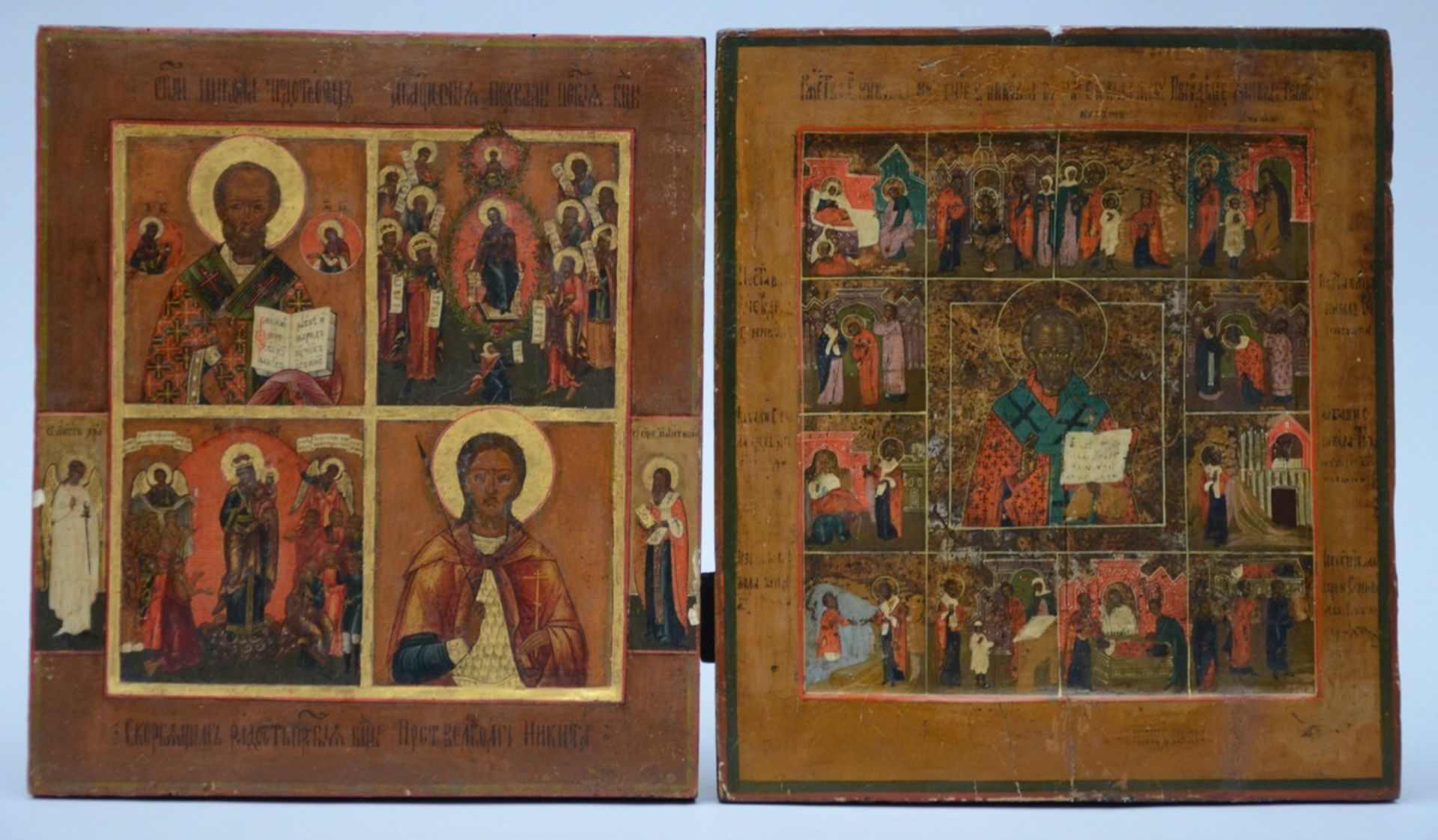 2 Russian Icons: 'Saint Nicholas' (36x32cm) and '4 saints' (35x31cm) (*)