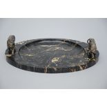 Art Deco serving dish in marble with pewter lions (50x40cm)