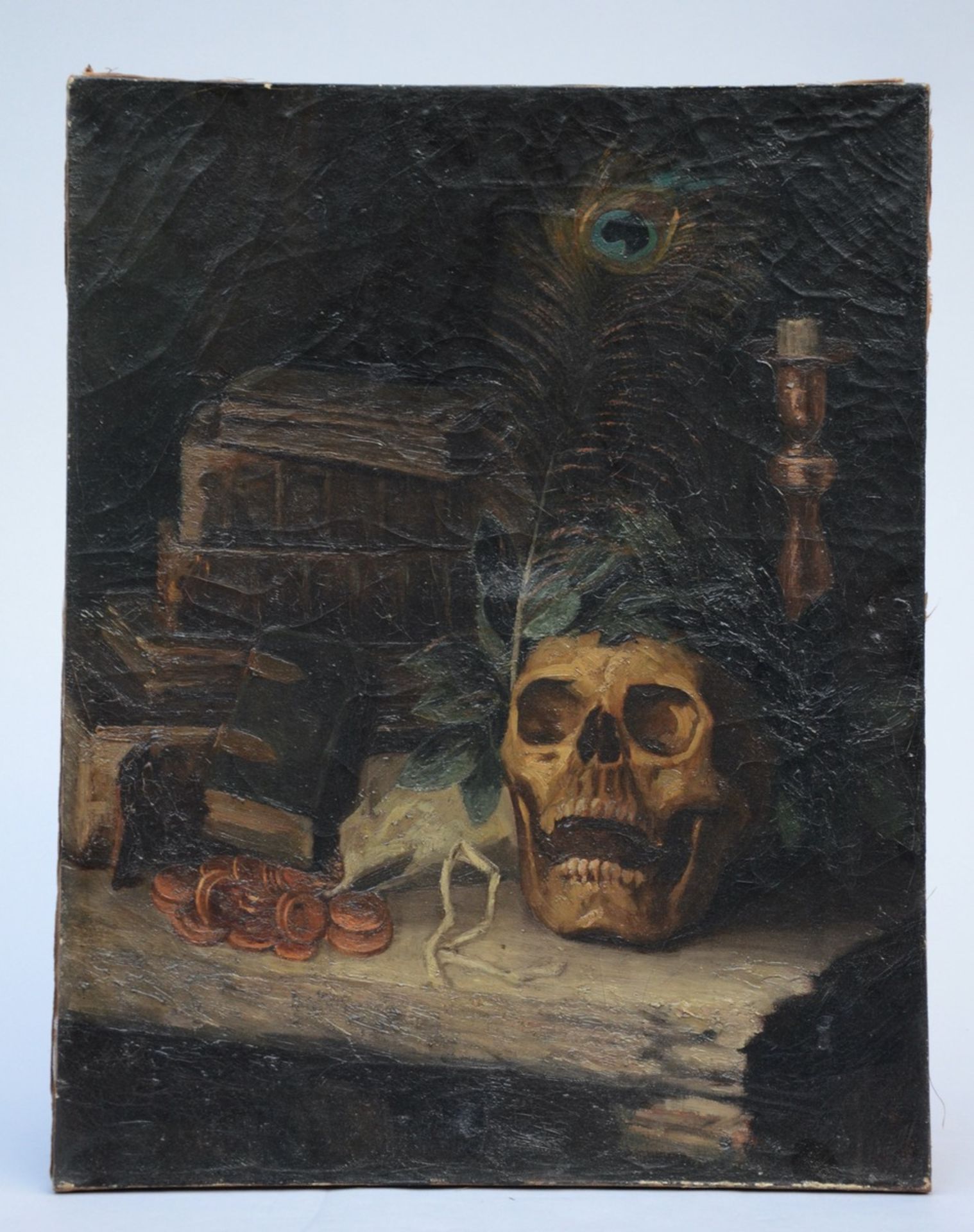 Anonymous (19th century): painting (o/c) 'still life with skull' (55x43cm)