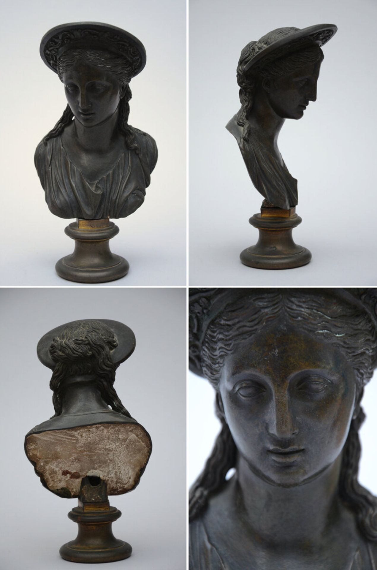 Lot: pair of cast iron andirons 'dogs' (20x37cm) + female bust in bronze (h29cm) - Bild 2 aus 3