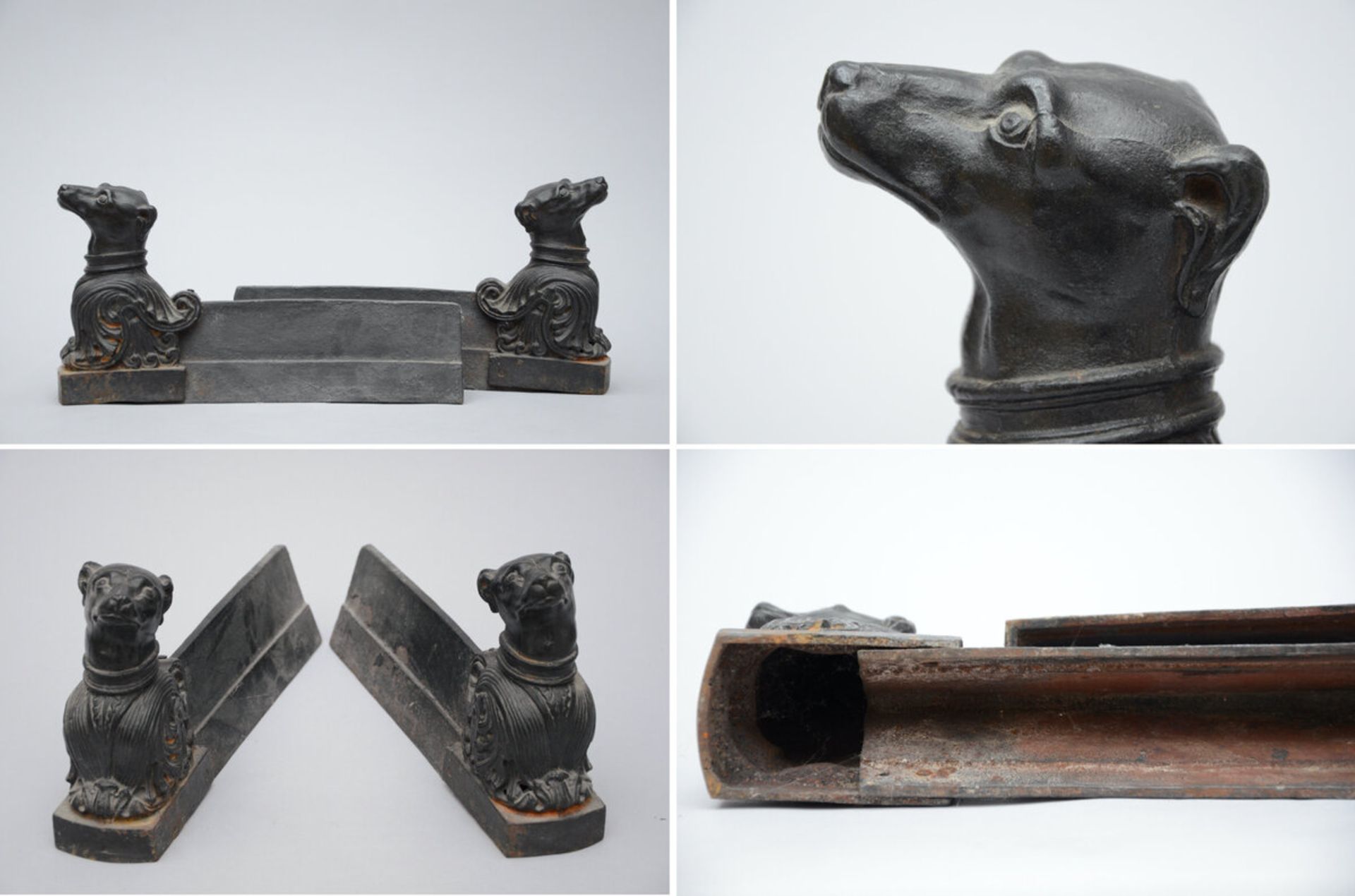 Lot: pair of cast iron andirons 'dogs' (20x37cm) + female bust in bronze (h29cm) - Bild 3 aus 3