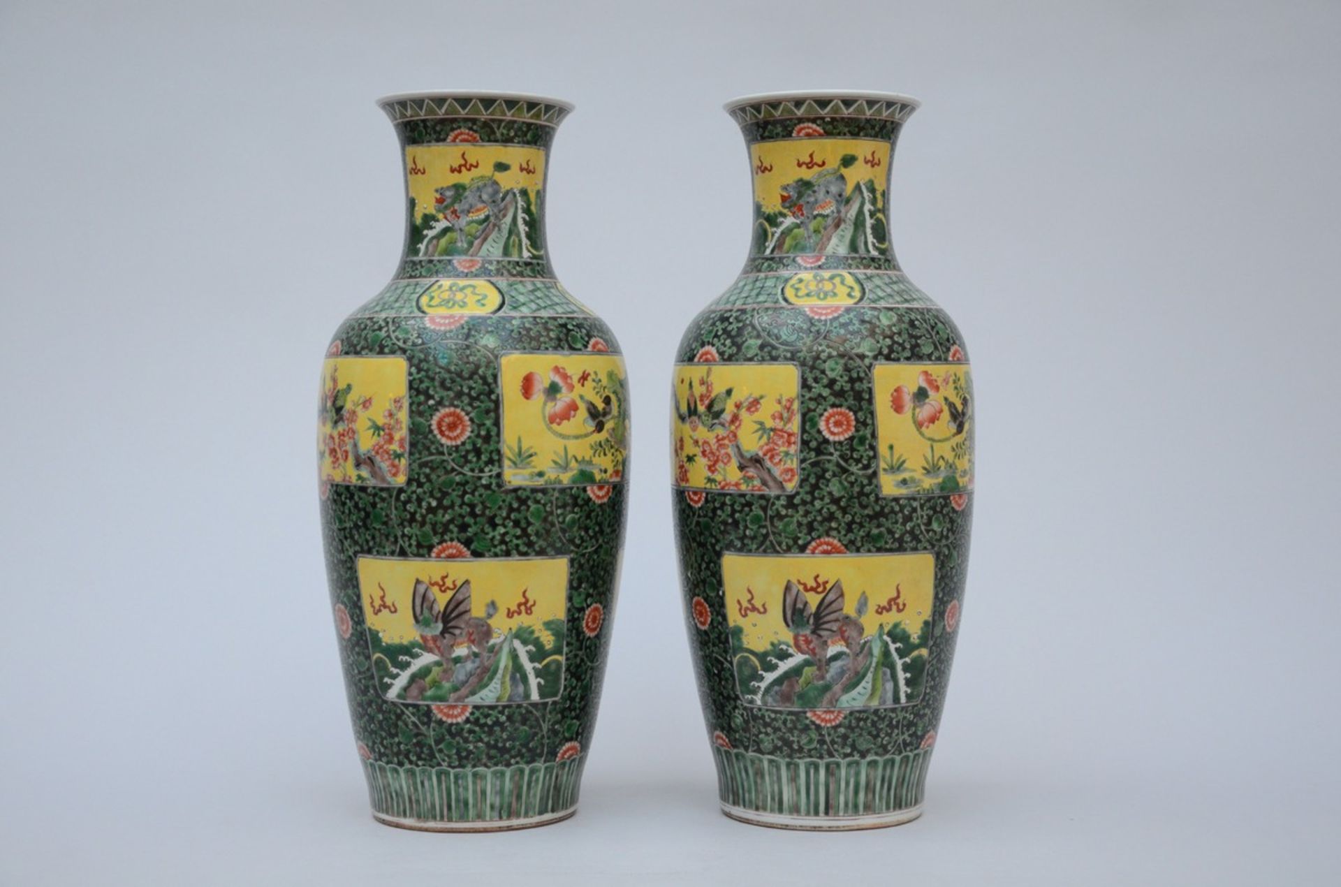 Pair of vases in Chinese famille verte porcelain 'mythical animals' (h51cm)