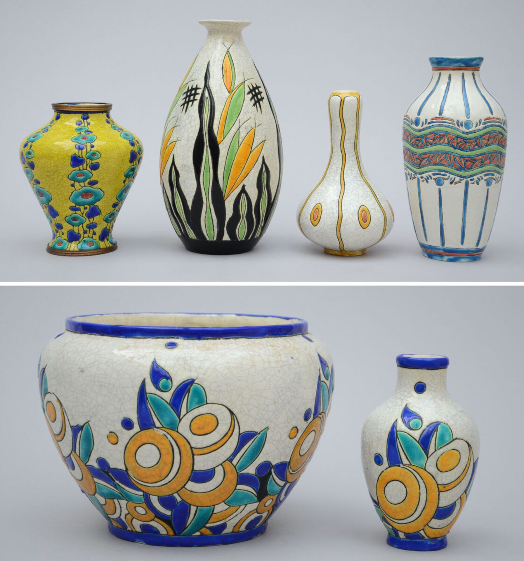 6 Art Deco vases, Boch Keramis (D815, D705, D1208, K629,2xD1175) (between 17.5 & 32cm)