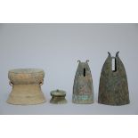 Bronze, Southeast Asia: 2 bronze drums (h12 & 5 cm) and 2 bells (h17 & 20cm)