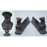 Lot: pair of cast iron andirons 'dogs' (20x37cm) + female bust in bronze (h29cm)
