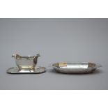 Art Deco dish (4x31x20cm) and saucer Delheid (10x23x14.5cm) in silver (800/1000)