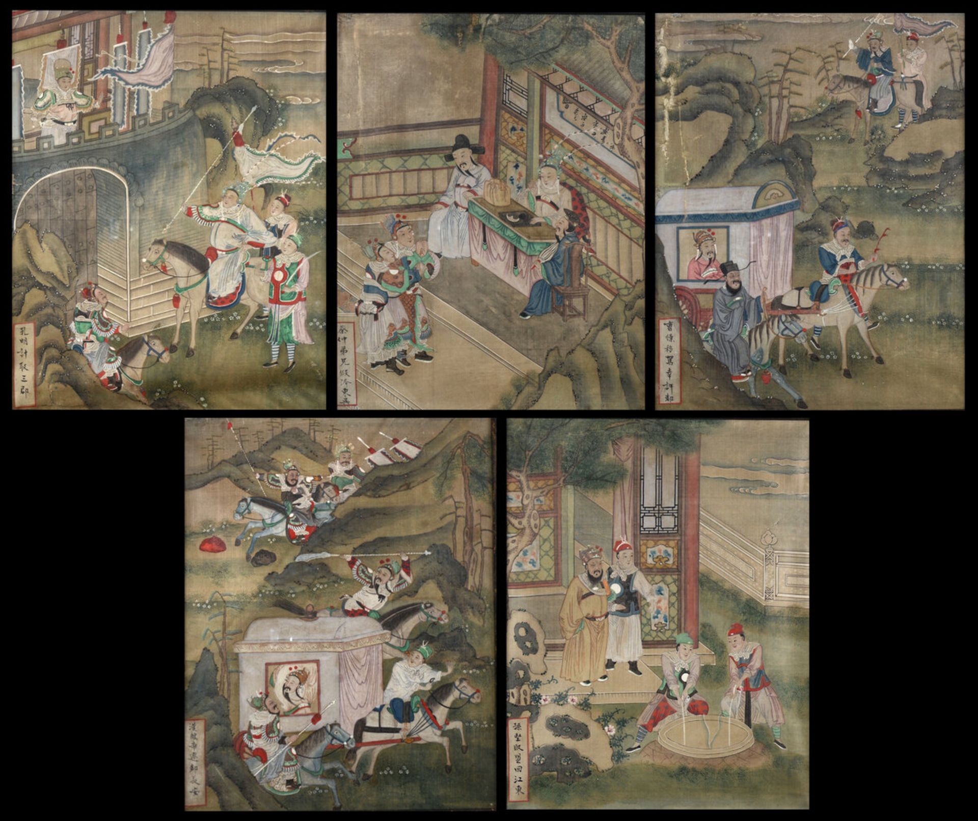 A set of five Chinese paintings 'warriors and travellers', 19th century (45x35cm) (*)