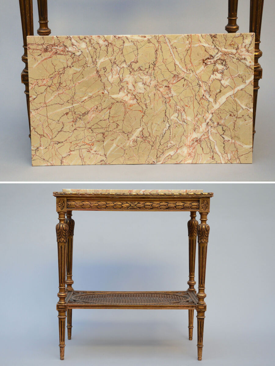 Lot: gilt Louis XVI style furniture: two tables, a pair of armchairs and a bench - Image 5 of 5