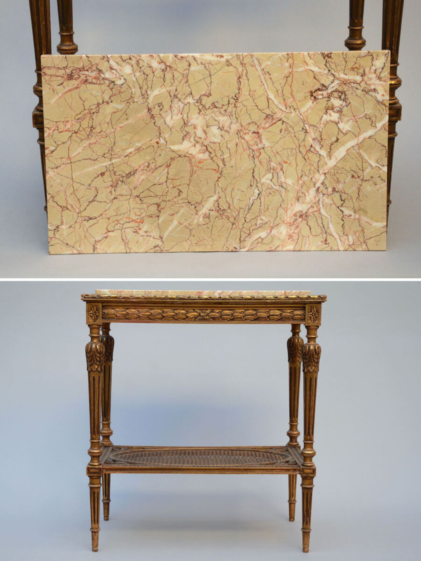 Lot: gilt Louis XVI style furniture: two tables, a pair of armchairs and a bench - Bild 5 aus 5