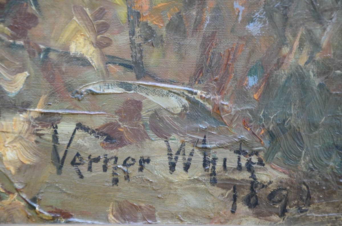 Verner White: a large painting (o/c) ?hunting dogs? (100x150cm) (*) - Image 3 of 5