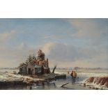 Jacques Van Gingelen: painting (o/c) 'winter landscape with skaters' (33x50cm)