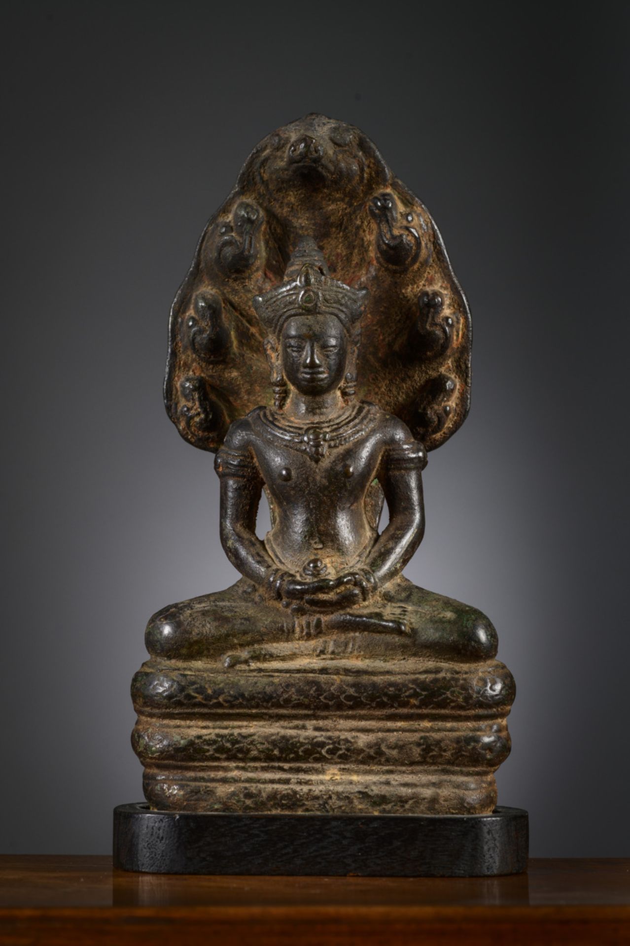 Statue in bronze 'Buddha with Naga', Cambodia (h24cm)