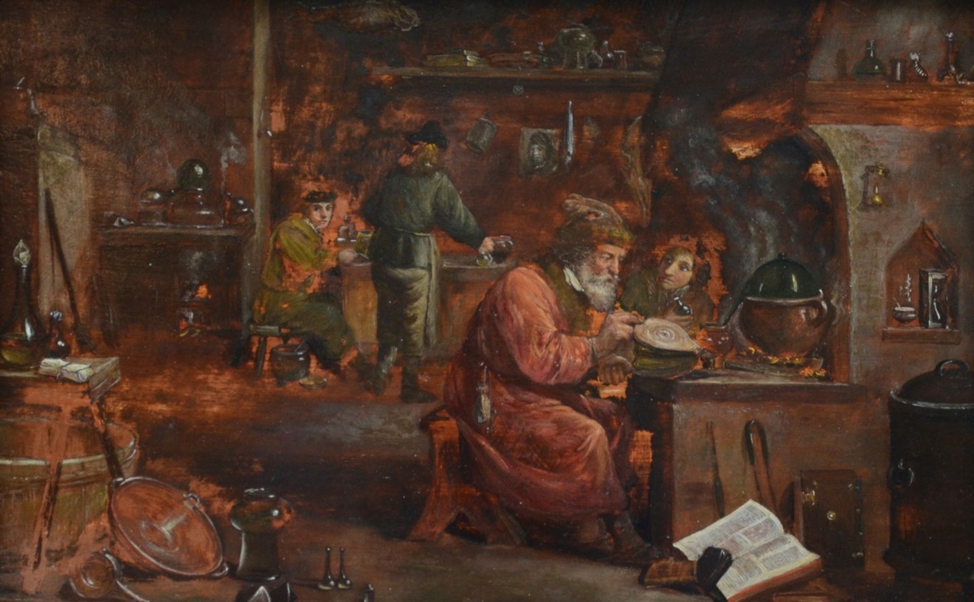 Flemish school (17th century): painting (o/p) 'the alchemist' (31x48cm) (*)