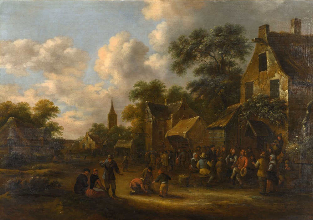 Klaes Molenaer: painting (o/p) 'village fair' (h59x80cm)