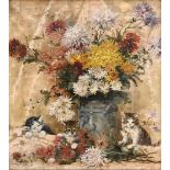 Albert Toeffaert: painting (o/c) 'flowers with cats' (67x61cm)