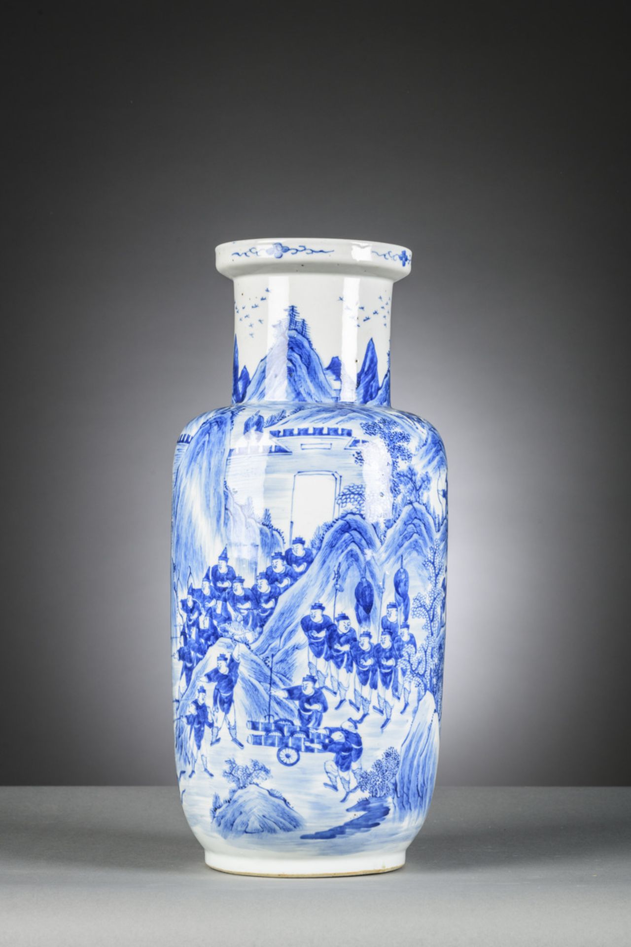 A Chinese blue and white rouleau vase 'the hunting party', 19th century (h40cm) - Image 3 of 6