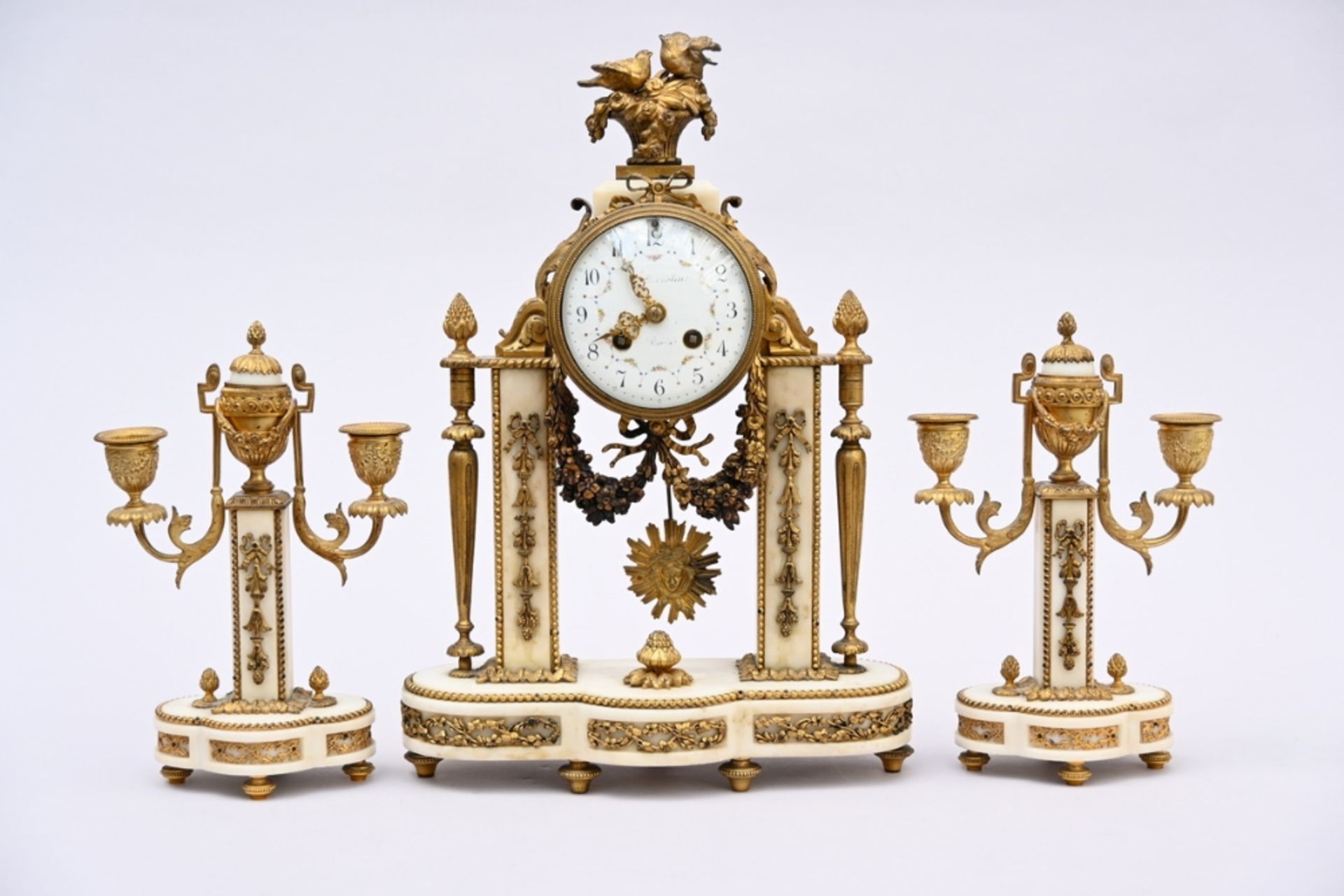 Louis XVI style clockset in marble and bronze, Carcelin ‡ Paris (42x28x12cm) (26cm)