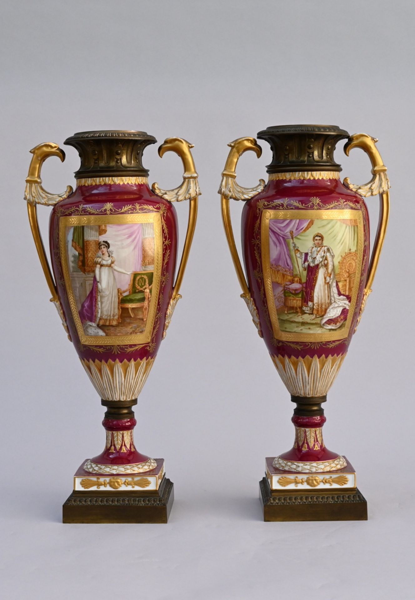 A pair of porcelain vases with bronze fittings 'Napoleon and Josephine', 19th century (h51.5 cm)