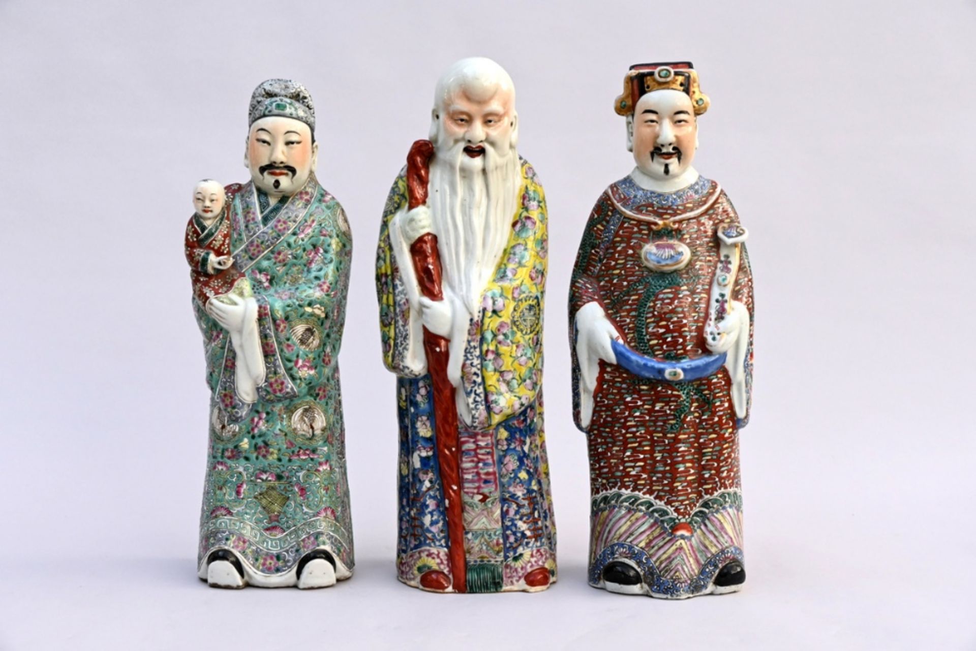 Three Chinese famille rose porcelain sculptures 'Fu Lu Shou' (h48cm) (*)