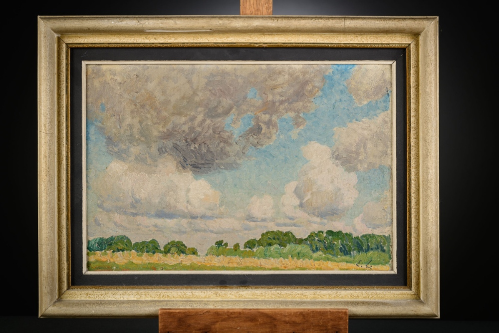 Emile Claus: painting (o/d) 'landscape with clouds' (26x37cm) - Image 2 of 6