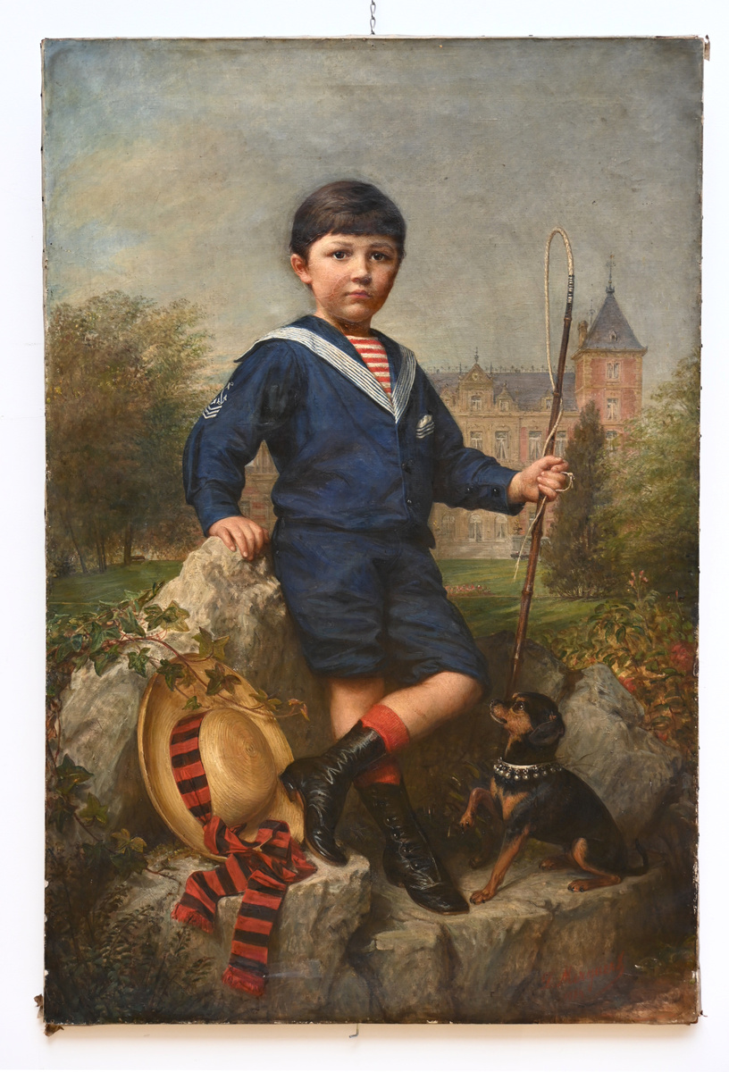 DÈsirÈ Mergaert (1884): painting (o/c) 'portrait of a boy in front of a castle' (137x90cm) (*)