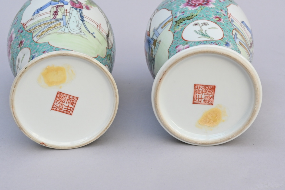 A pair of Chinese turquoise vases famille rose porcelain 'elegant scenes' (h31cm) - Image 3 of 4