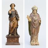 Two polychrome wooden statues 'Saint Lucy' and 'Bishop' 17th - 18th century (h46 - 49cm) (*)