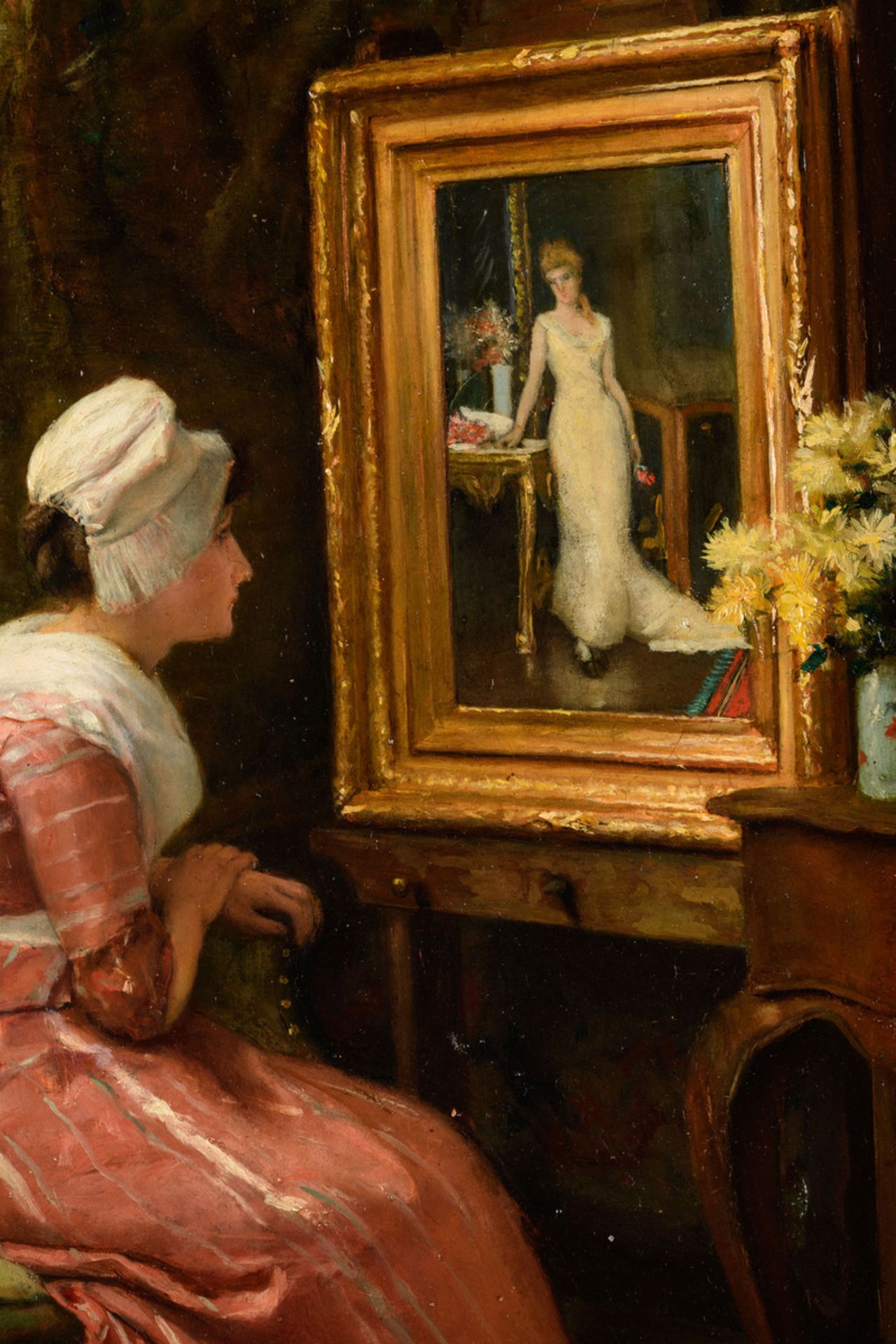 Auguste Serrure: painting (o/p) 'lady inspecting a portrait' (h40x33cm) - Image 4 of 5