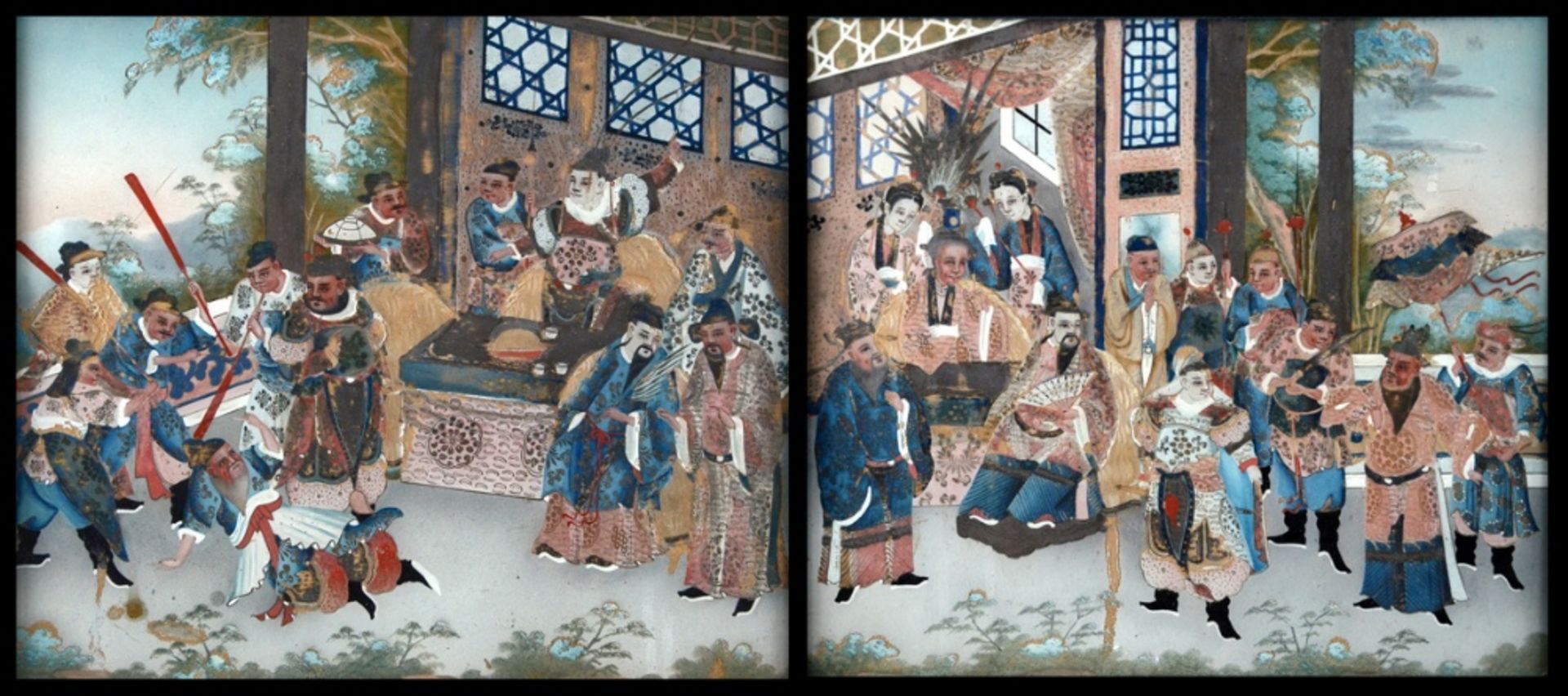 A pair of Chinese ÈglomisÈ paintings 'court scenes', 19th century 2x(37x32cm) (*)