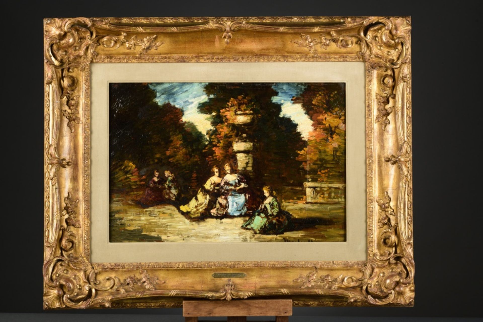 Adolphe Monticelli: painting (o/p) 'gallant scene in the park' (34.5x51cm) - Image 2 of 5
