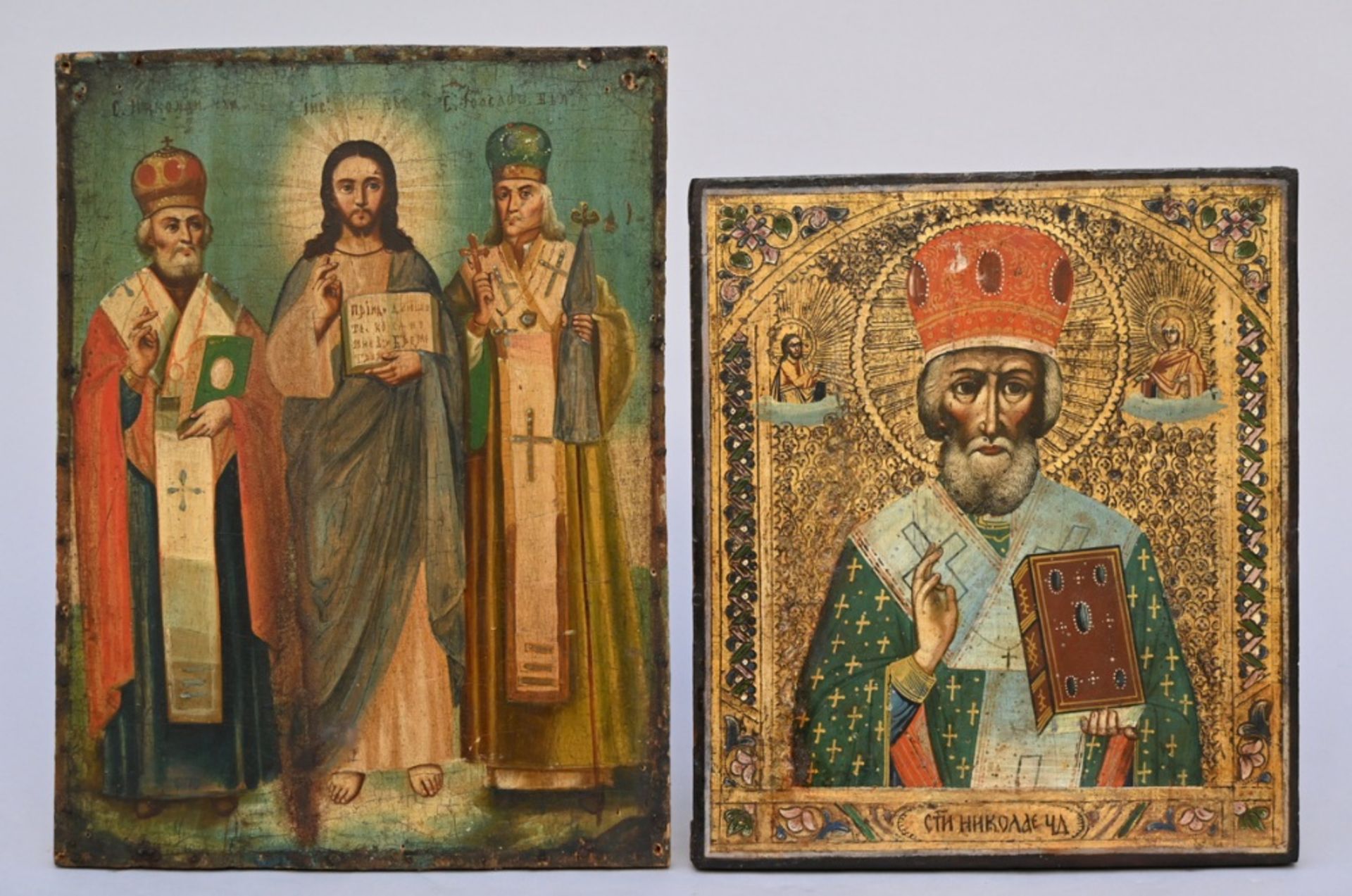 Two Russian icons 'Saint Nicholas' and 'Christ' (35.5x31cm) (49x38cm)