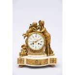 Louis XVI style clock in marble and gilt bronze 'lady with putti' (34x28.5x13cm)
