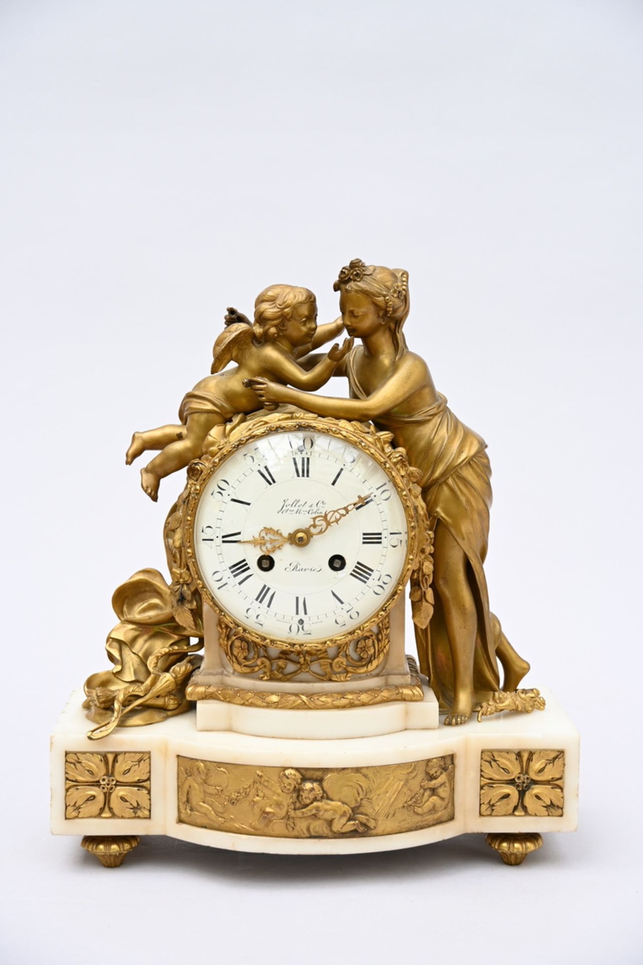 Louis XVI style clock in marble and gilt bronze 'lady with putti' (34x28.5x13cm)