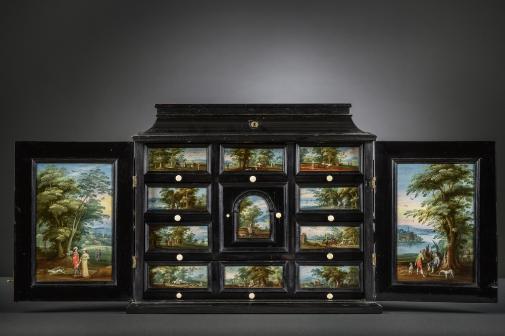 Antwerp cabinet with painted panels attributed to Jasper van der Lanen, 17th century (