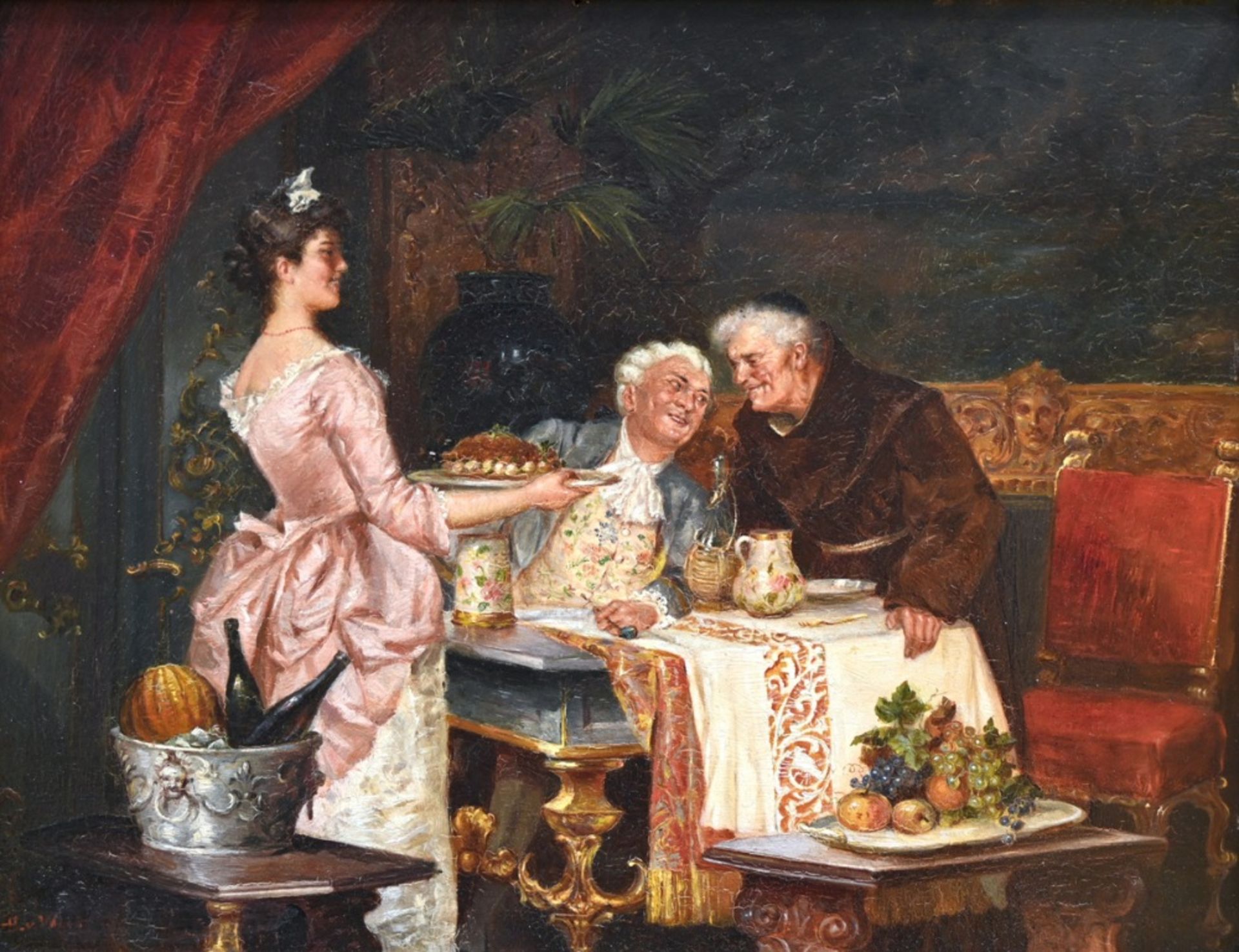 Hendrik Van West: painting (o/p) 'Gentlemen at the table' (20x26cm)