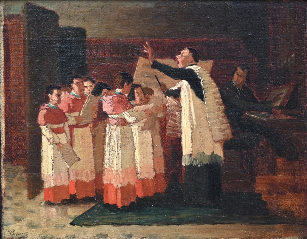 ThÈophile Lybaert: painting (o/c) 'the singing lesson' (21x25cm)