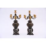 A pair of Japanese bronze vases mounted as candlesticks, 19th century (h 55cm)