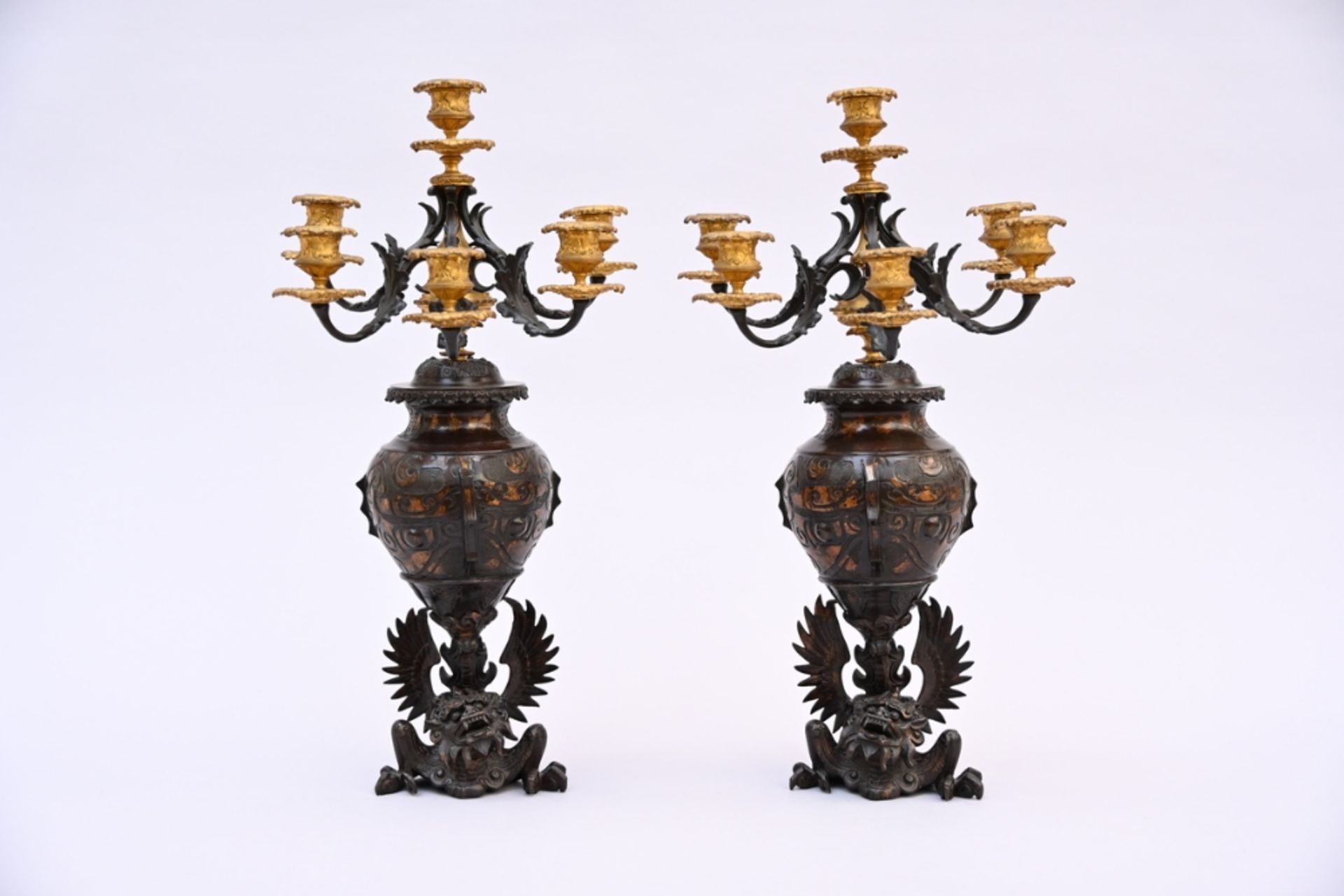 A pair of Japanese bronze vases mounted as candlesticks, 19th century (h 55cm)