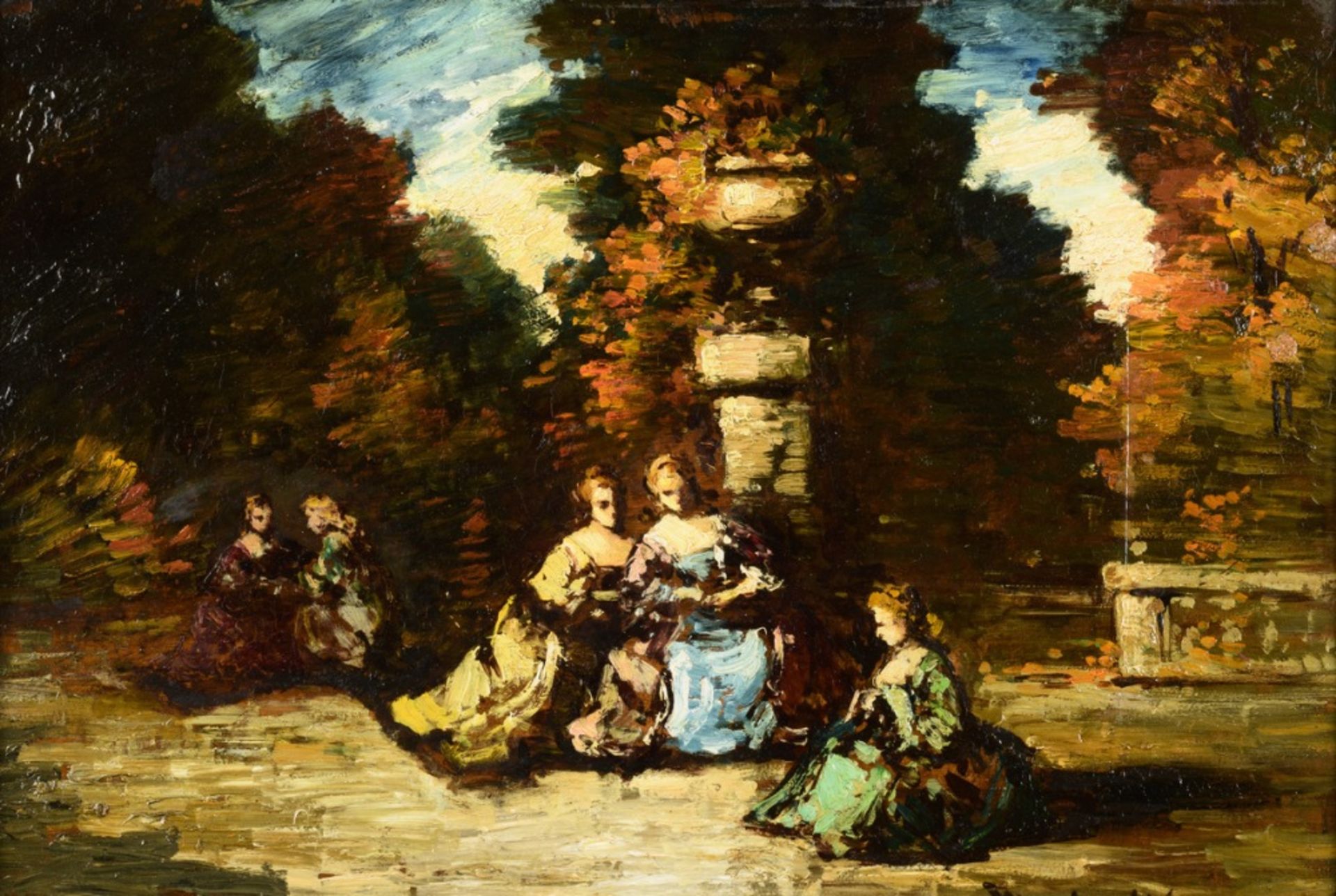 Adolphe Monticelli: painting (o/p) 'gallant scene in the park' (34.5x51cm)