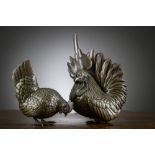 A pair of Japanese bronze okimonos 'chicken and rooster', Meiji period (h10.5cm) (h16cm) (*)