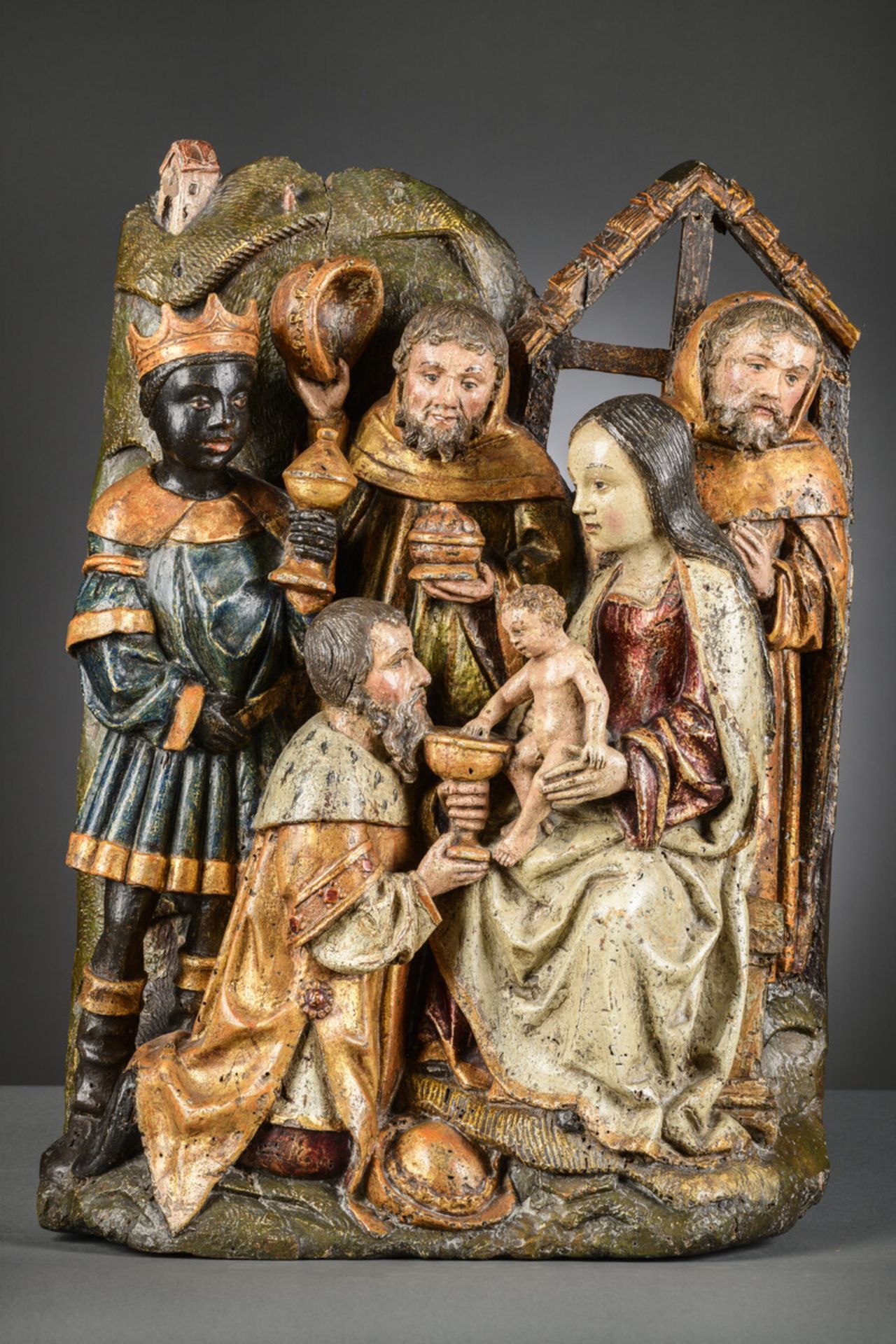 Retable in polychrome wood 'adoration of the Magi', 16th century (58x42cm)