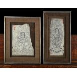 Pair of paintings (ink on paper) 'temple guardians', Japan (20x8cm) (18x12cm)