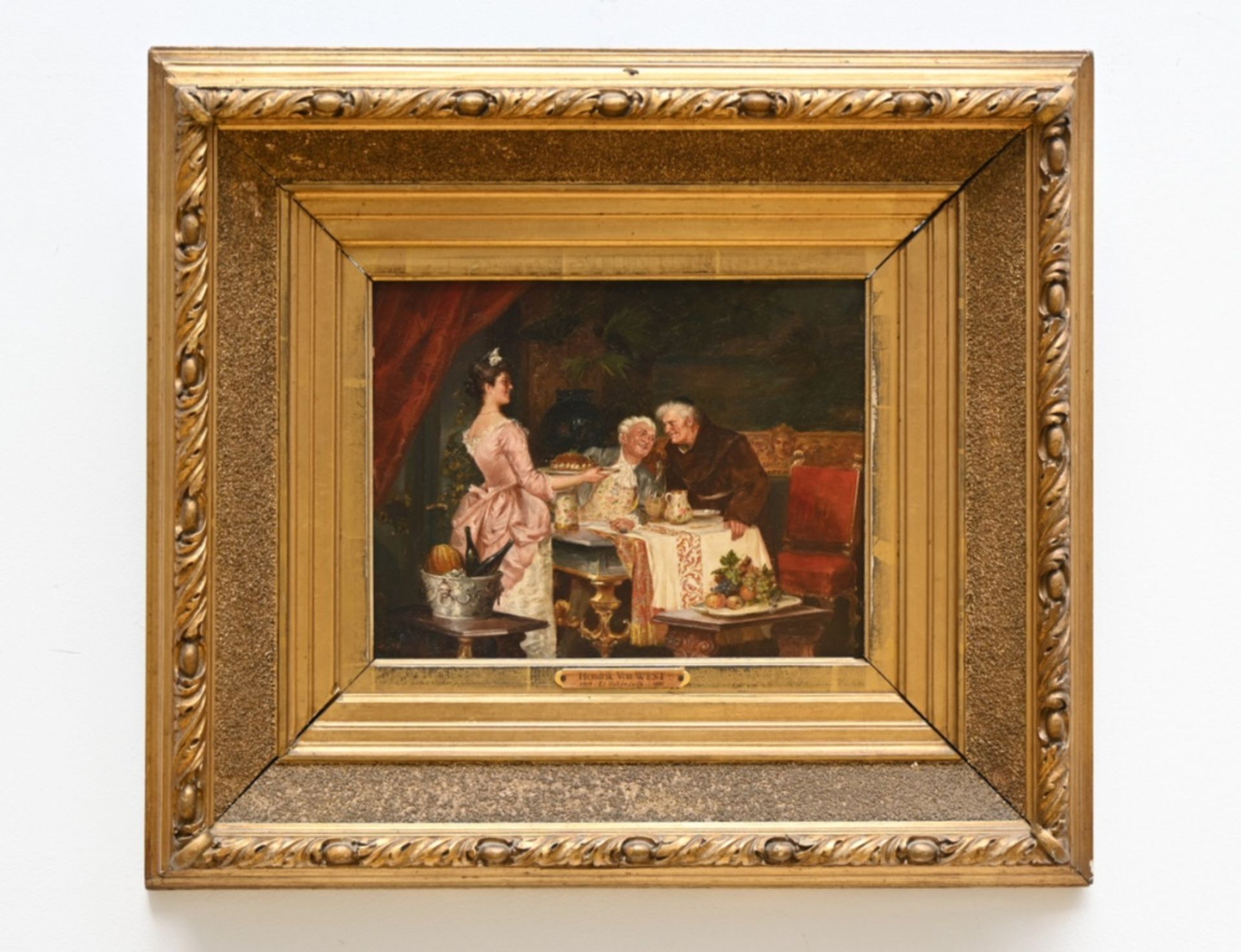 Hendrik Van West: painting (o/p) 'Gentlemen at the table' (20x26cm) - Image 2 of 5