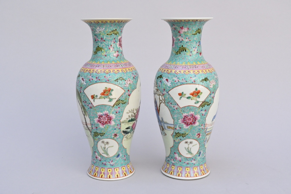 A pair of Chinese turquoise vases famille rose porcelain 'elegant scenes' (h31cm) - Image 2 of 4