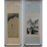 Chinese hanging scroll 'landscape' (65x44cm) + hanging scroll 'lady' (103x46cm)