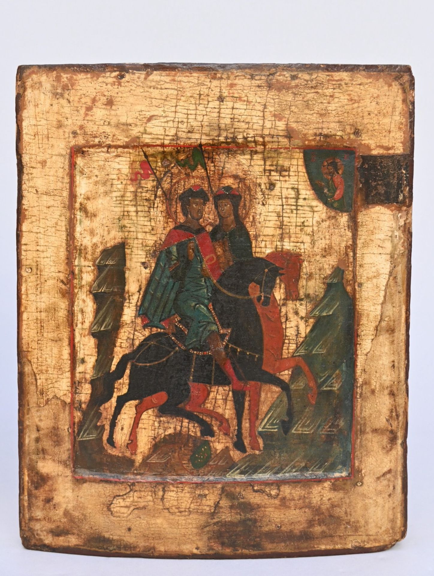 Two Russian icons 'two horsemen' and 'Saint-Michael on horseback' (32x26cm) (44x31cm) (*) - Image 3 of 5