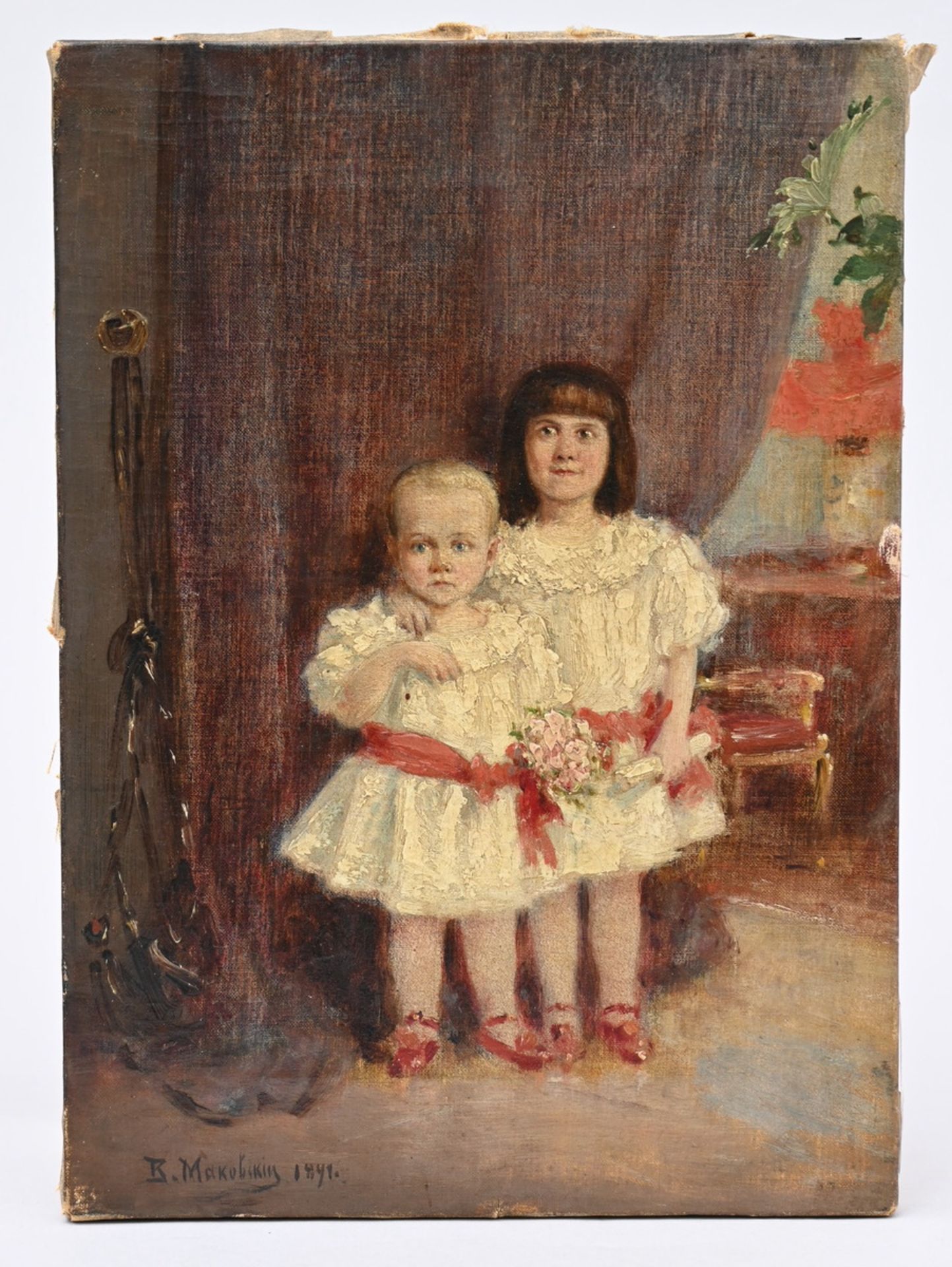 Konstantin Makovsky (?): painting (o/c) 'portrait of two girls' (30.5x22cm) (*)